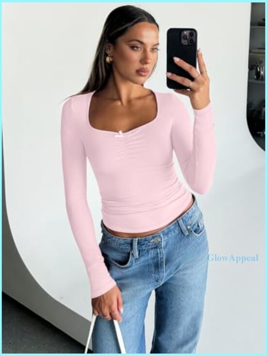 Long Sleeve Sweetheart Neck T-Shirt, Polyester Spandex Blend, Slim Fit - Picture 5 of 6